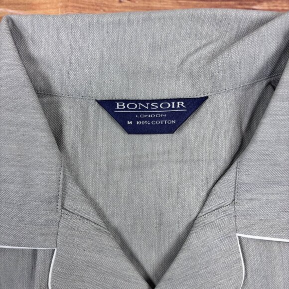 Mens Bonsoir London 100% Cotton Gray Pajama Set With White Piping - Picture 3 of 16